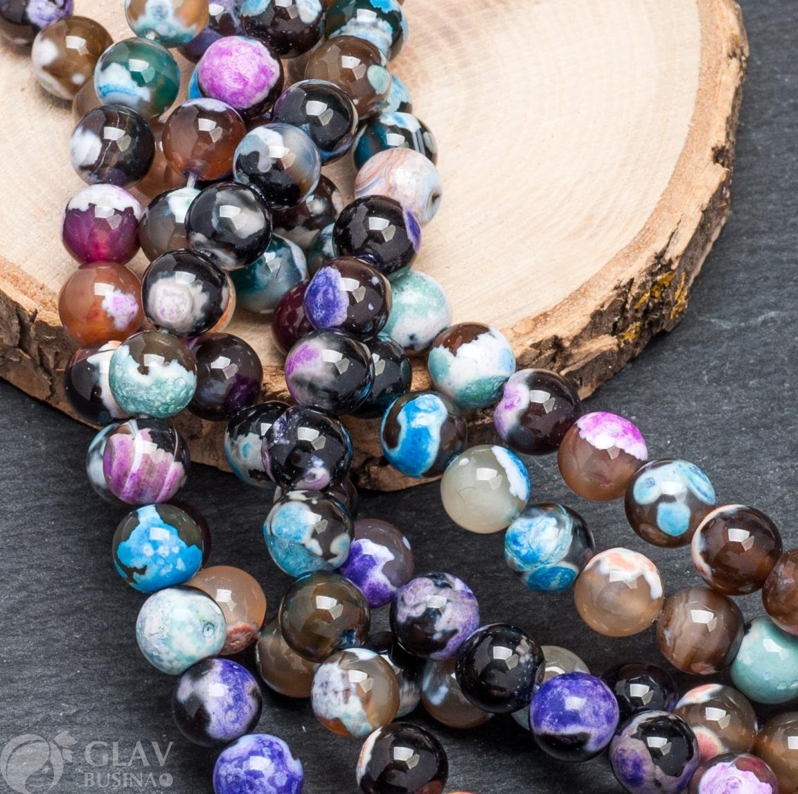 ОПТ (10 ниток) Нитка бусин натурального агата, тонированные,   диам. 8 мм, отв-е 0.8мм, длина 18.5 см / 24 бусины, разноцветные.