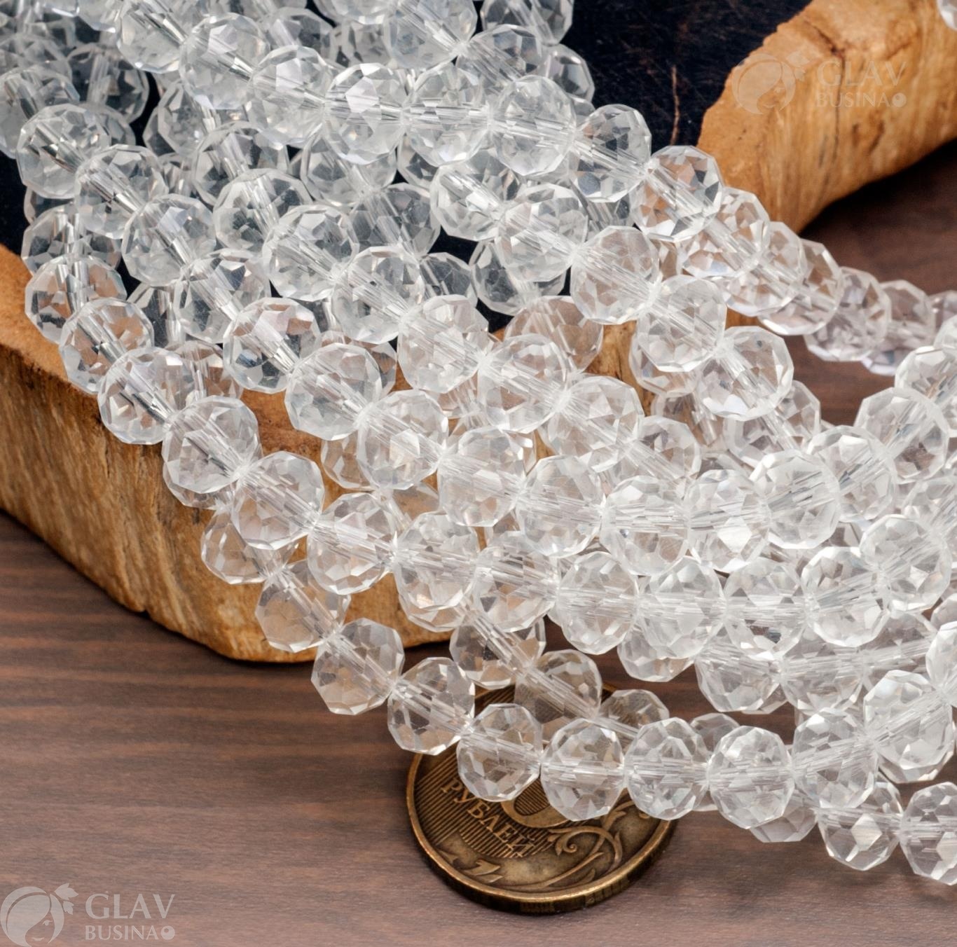 ОПТ (10 ниток) Нитка стеклянных бусин ронделей: 68 бусин / 44 см, р-р 8х6мм, отв-е 1мм, бесцветные.