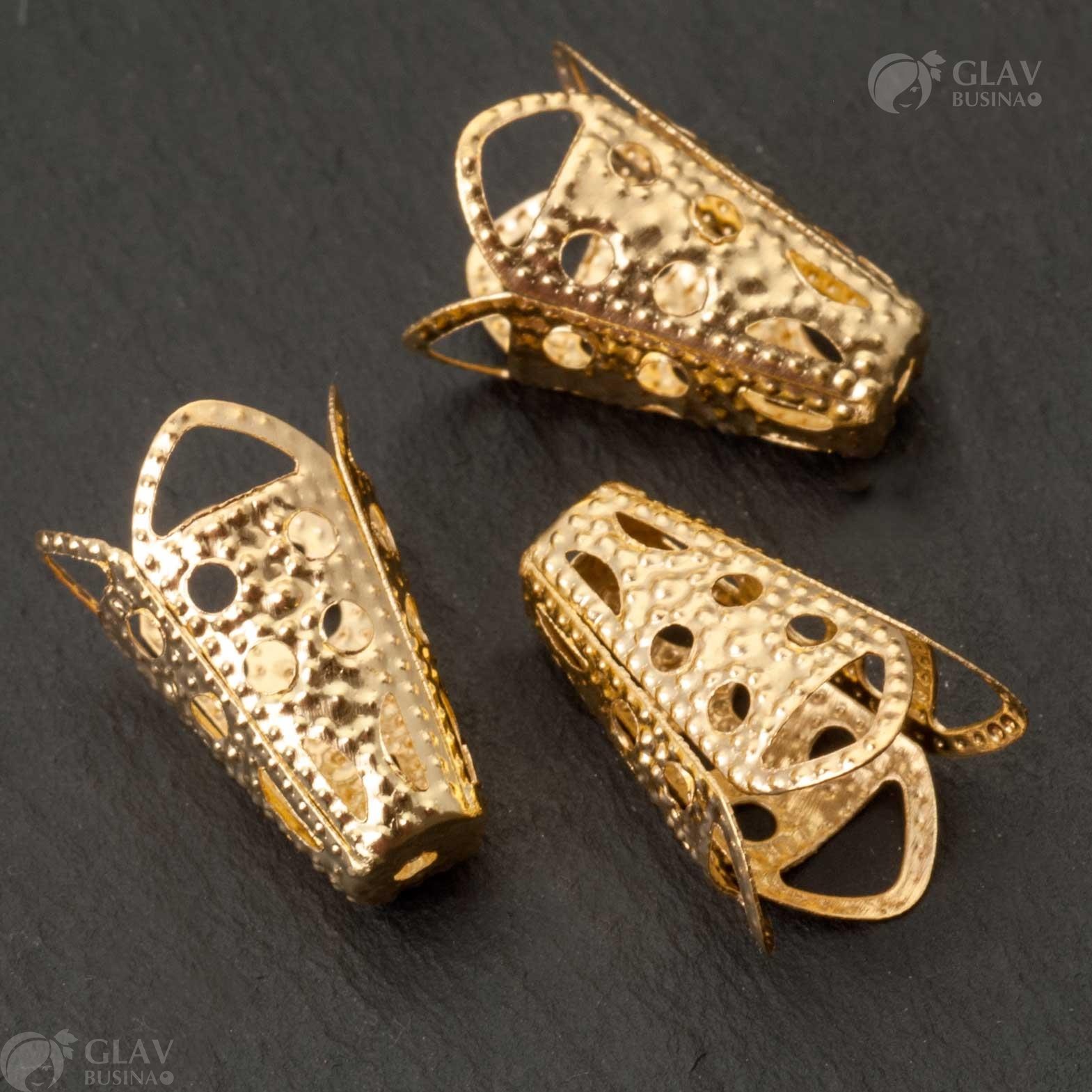 Железные шапочки-конусы цвета русское золото, размеры 16x10мм, отверстие 1мм, для ювелирных изделий и рукоделия.