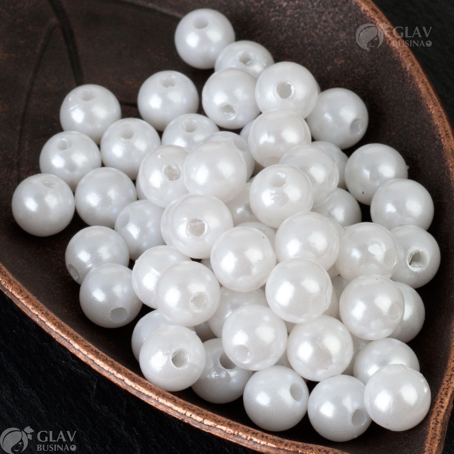ОПТ (500 бусин) Акриловый жемчуг, цвет белый, диам. 8мм, отв-е 2.2мм. Упаковка 100 бусин.