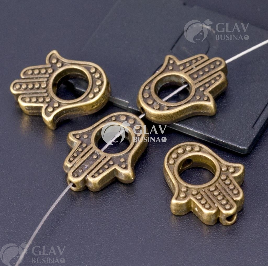 ОПТ (50 шт) Рамка для бусины из бижутерного сплава, рука Фатимы, р-р 15х13х3мм, отв-я 1.5мм, цвет бронза.