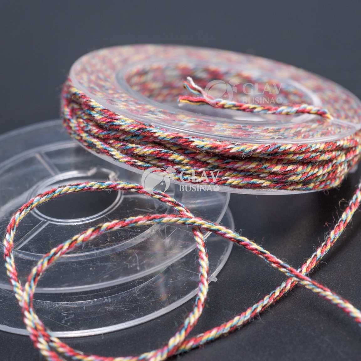 Полиэстровый шнур, текстура хлопка, 1мм, цвет светло-красный, желтый с бирюзовым и вкраплениями черного, катушка 5м.