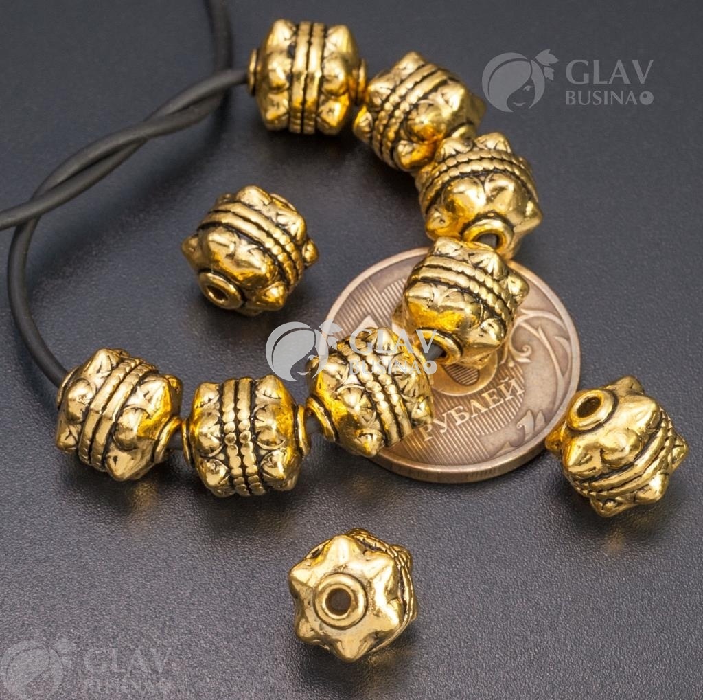 ОПТ (100 бусин) Бусина булава, р-р 10х10мм, отв-е 1.9мм, бижутерный сплав, цвет античное золото.