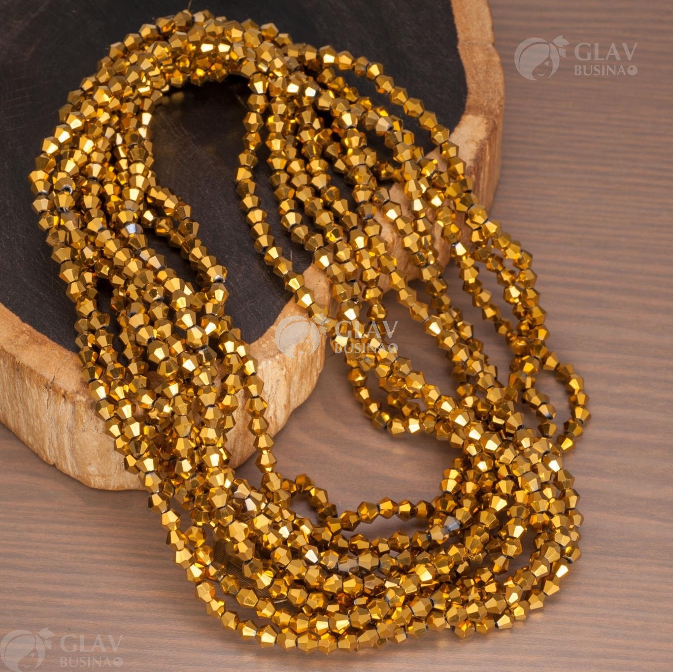 ОПТ (50 ниток) Нитка стеклянных бусин-биконусов: 92 бусины / 36 см, р-р 4.5х4мм, отв-е 1мм, непрозрачные, цвет золото.