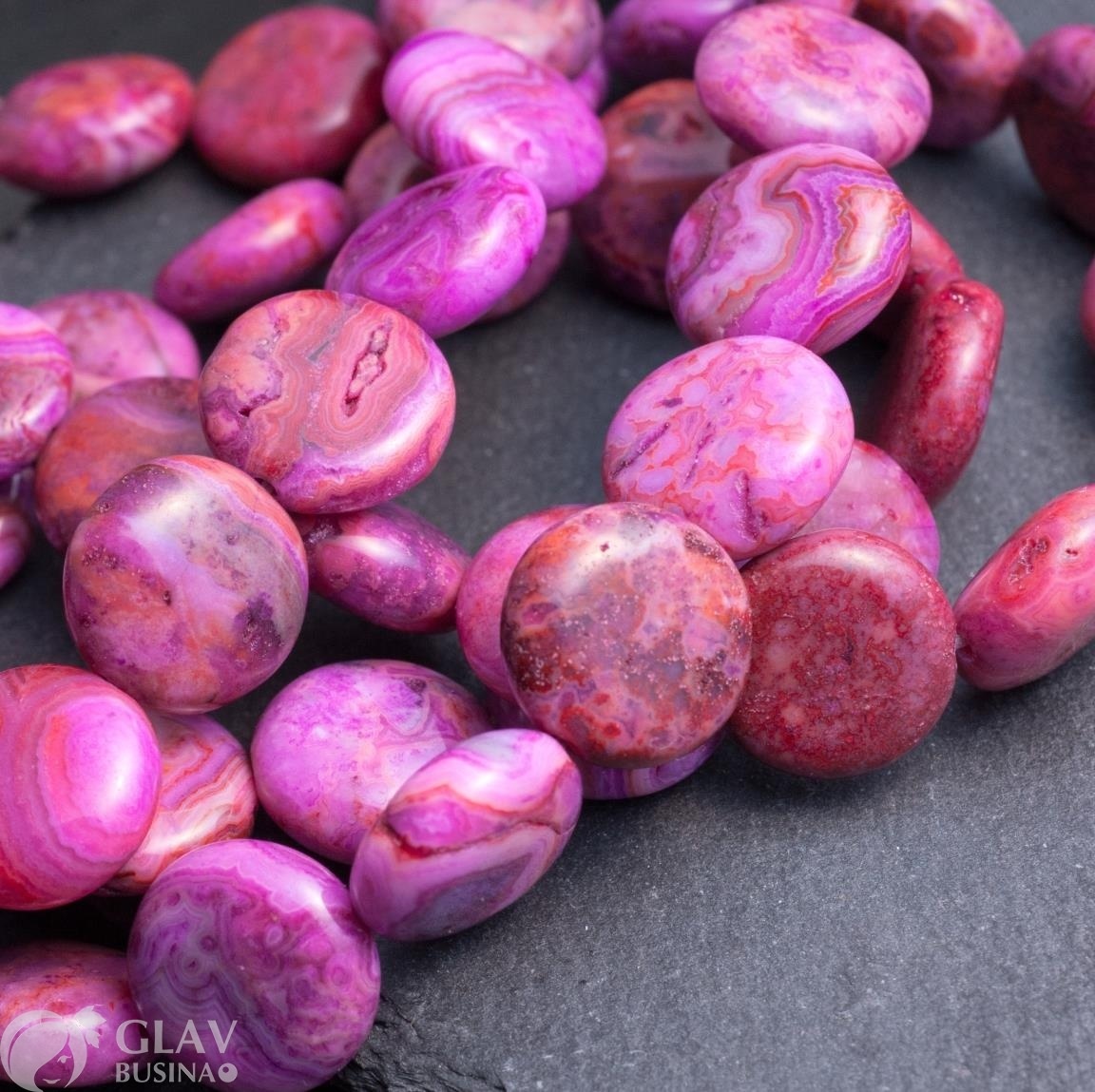 ОПТ (5 бусин) Кружевной агат, гладкие плоские круглые полированные бусины с естественными неровностями, тонирование ярко-розовое, р-р 11х5мм, отв. 1мм.