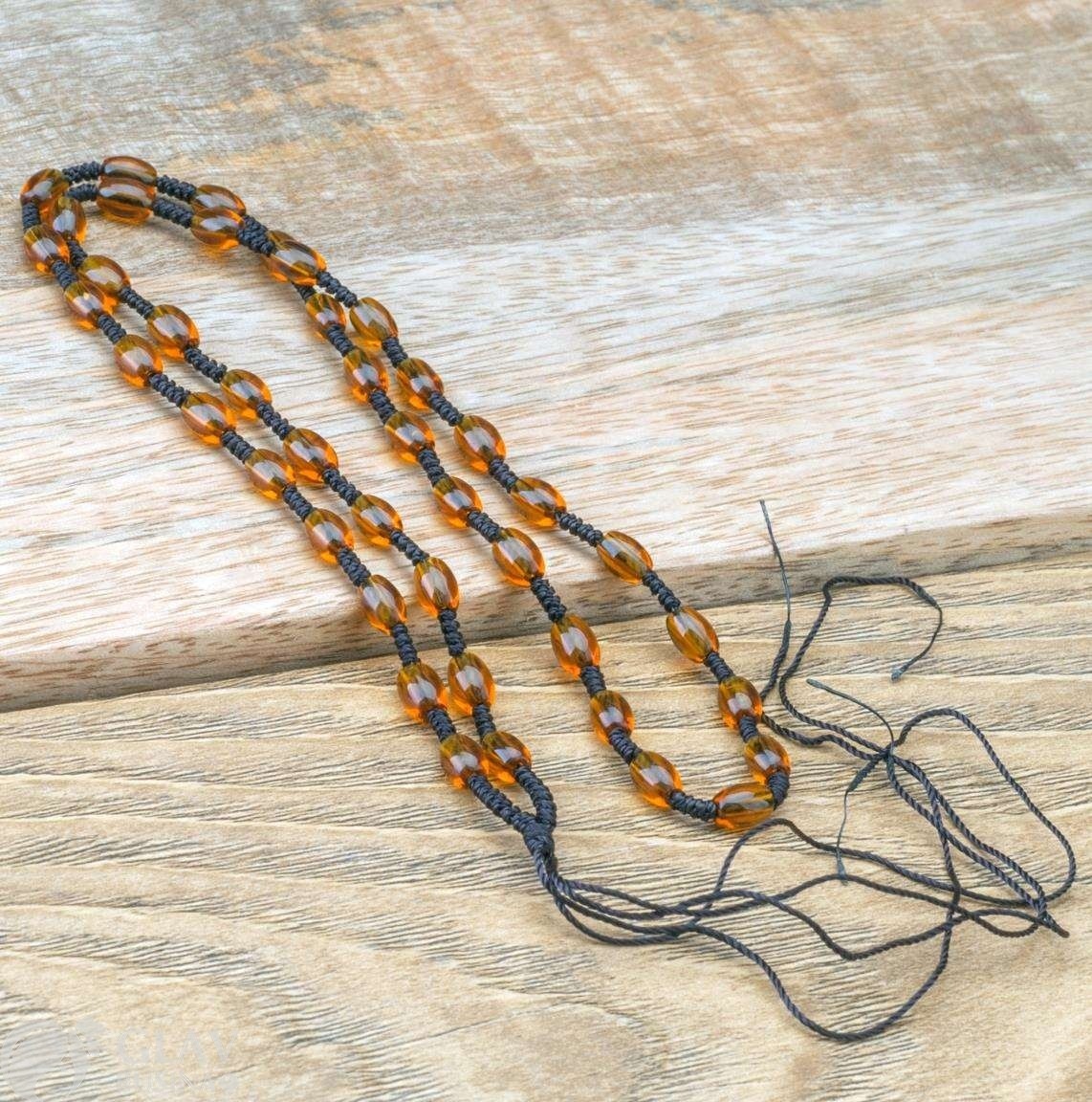ОПТ (10 шт) Основа для колье из стеклянных бусин-рисин 8х5мм цвета лугового мёда, разделители-узелки, шнур 5мм х 59см, с бейлом-ниточкой.