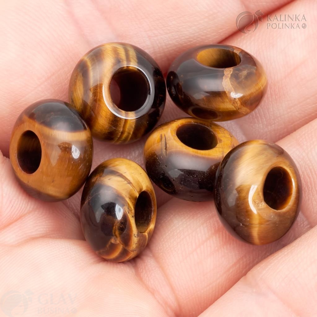 Бусина-шарм из тигрового глаза, круглая форма, размер 14x8 мм, отверстие 5.7 мм, камень каре-коричневого оттенка с характерным блеском.