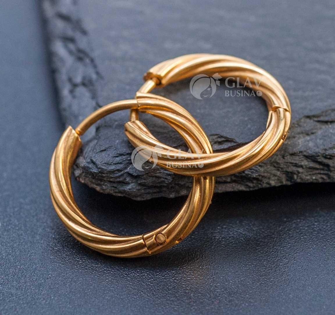 Швензы-бублики, узор-эклер, хирургическая сталь, долговечное золотое покрытие, внутр. диам. 12мм, толщина 2.5мм.