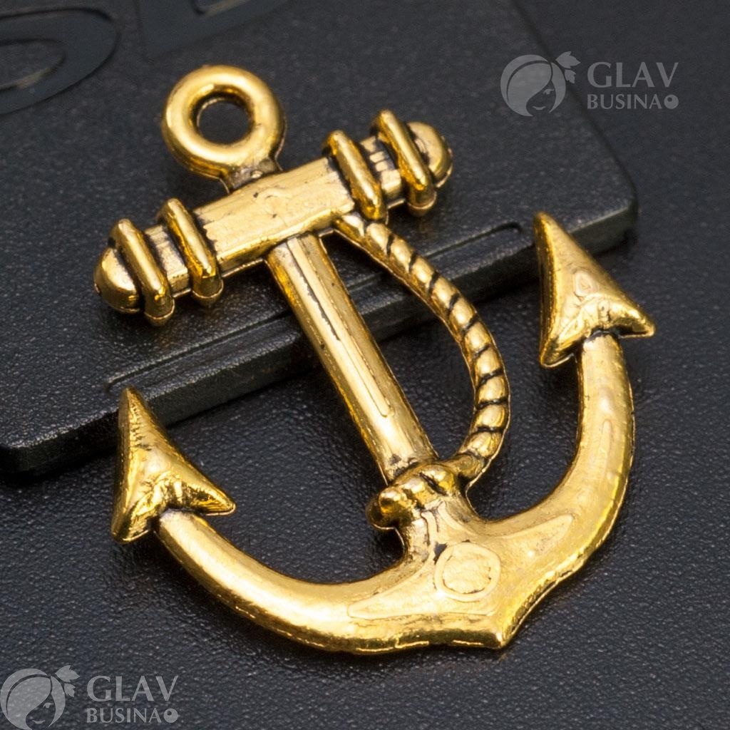 ОПТ (20 шт) Подвеска двусторонняя Якорь с цепью, 20х23мм, отв-е 2мм, бижутерный сплав, цвет античное золото.