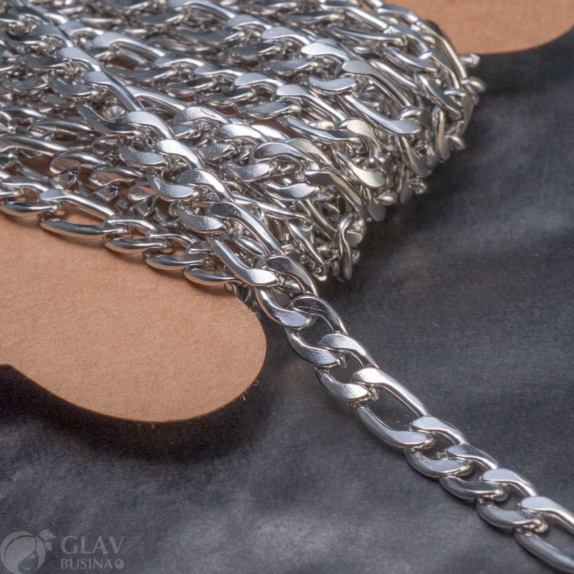 Цепочка 9х6х1.5мм, 12х6х1.5мм, твист плоский с переменной длиной звена, не паяная, нерж. сталь, цвет стальной, катушка 3 м.