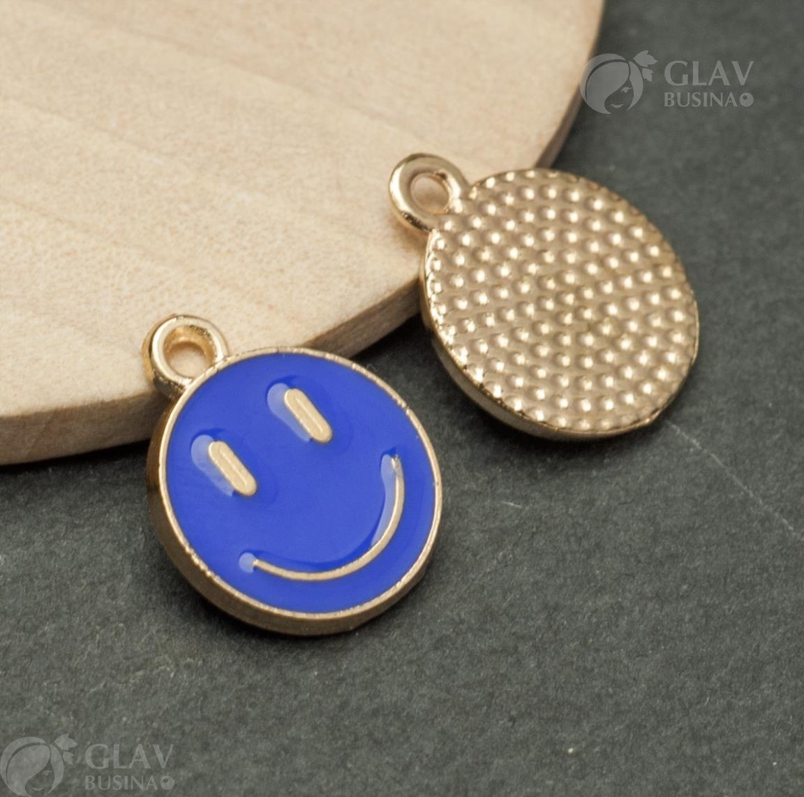 Подвеска эмалевая Смайлик синий, р-р 15х12мм, отв-е 1.5мм,цвет металла золото.