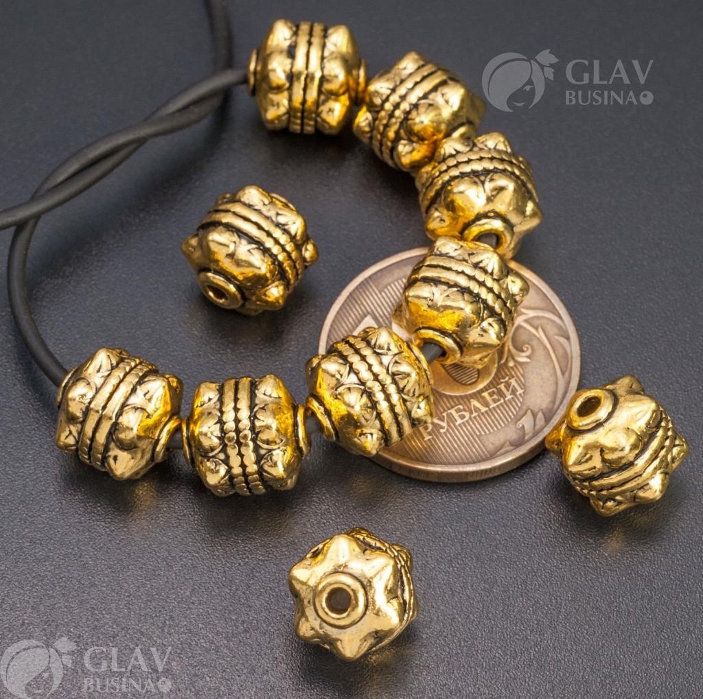 ОПТ (20 бусин) Бусина булава, р-р 10х10мм, отв-е 1.9мм, бижутерный сплав, цвет античное золото.