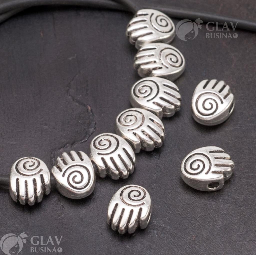 ОПТ (100 бусин) Бусины-ладошки, сплав, р-р 10х8х5мм, отв-е 2мм, цвет чернёное серебро.