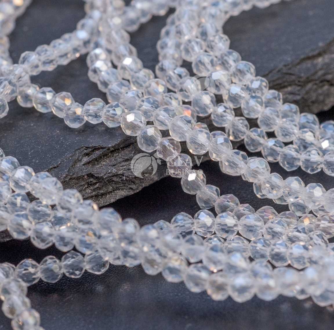 Бусины-рондели граненые стеклянные прозрачные, р-р 2х2.6 мм, нитка 30 см/ 146 бус., бесцветные, АВ покрытие.