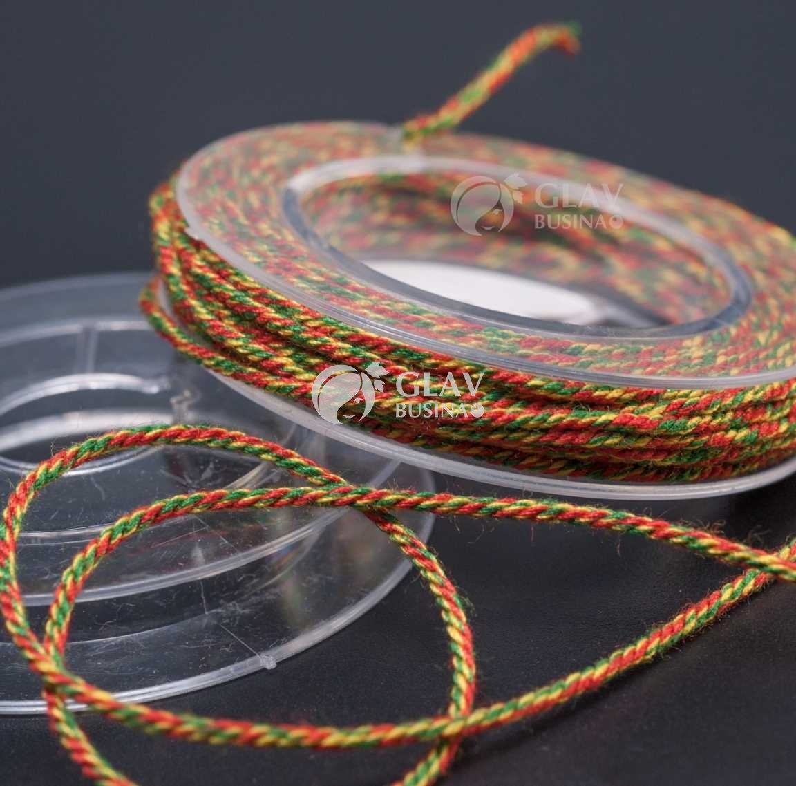 Полиэстровый шнур, текстура хлопка, 1мм, цвет красный и желтый с зеленым, катушка 5м.