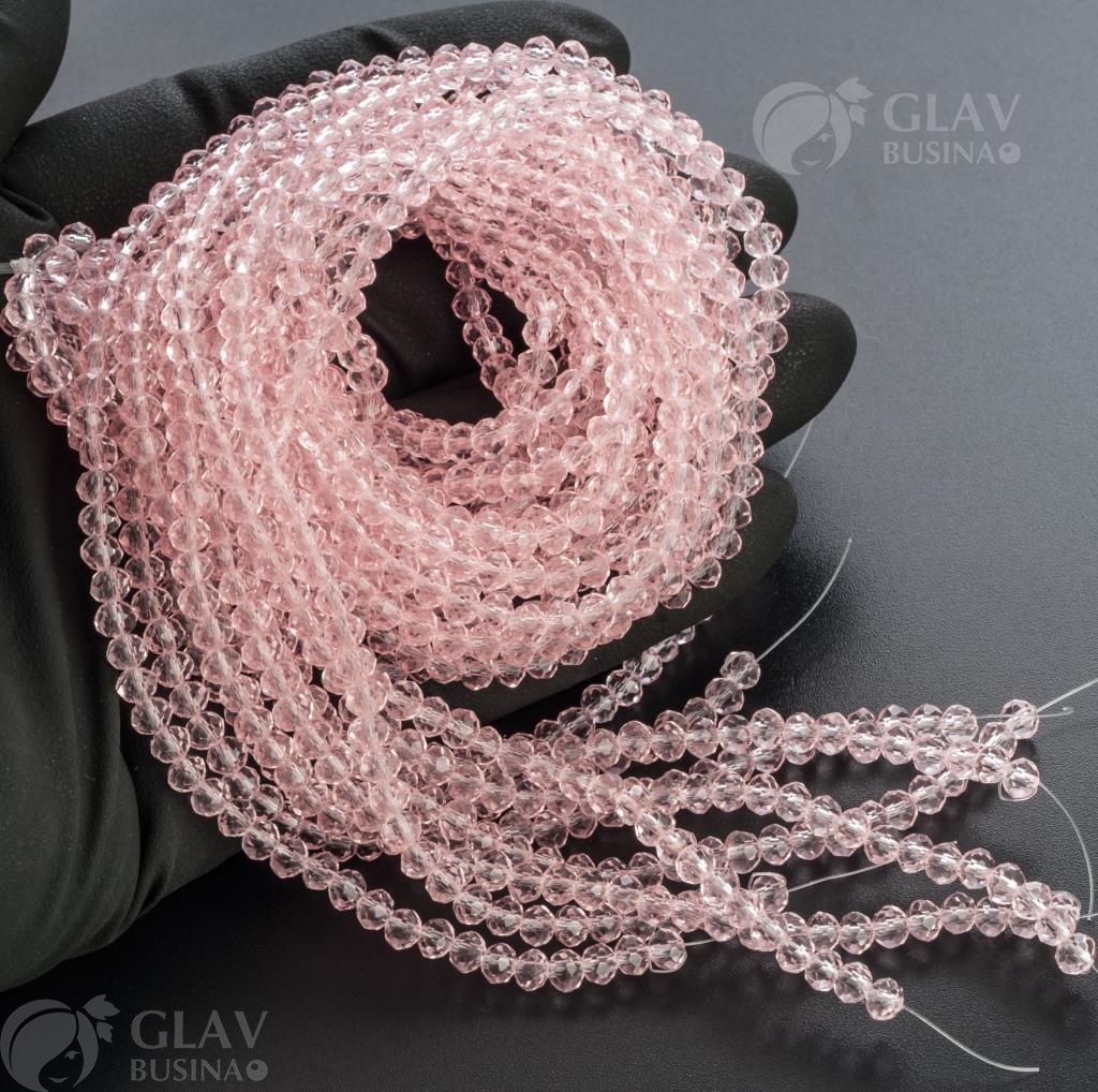 Нитка граненых хрустальных бусин-ронделей, размер 3.5х4.5мм, длина нитки 42см, около 125 розовых бусин. Идеальный аксессуар для стильного образа.