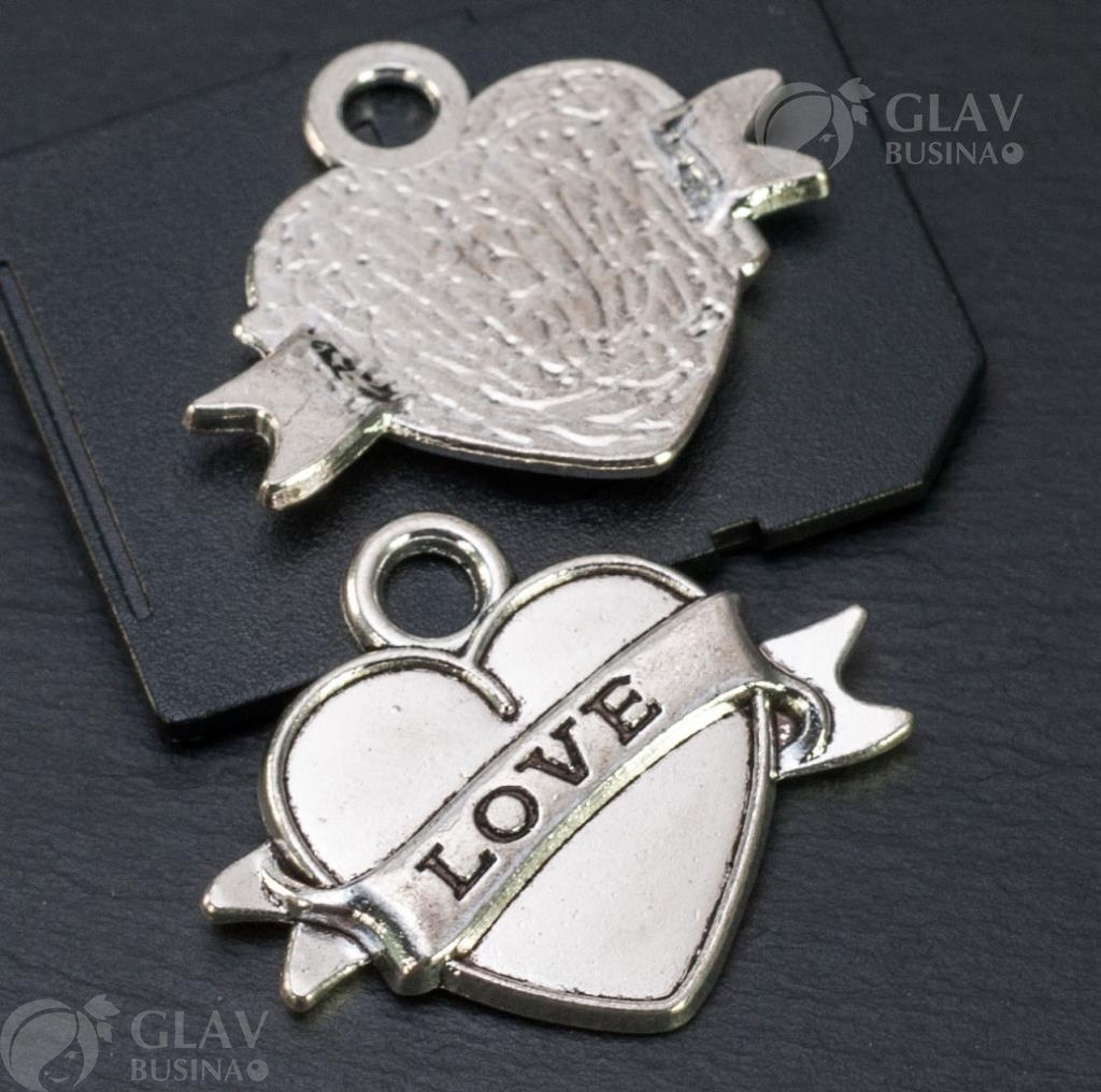 Подвеска Сердце первитое лентой с надписью "Love", бижутерный сплав, р-р 25х21х2мм, отв-е 3.2мм, цвет чернёное серебро.