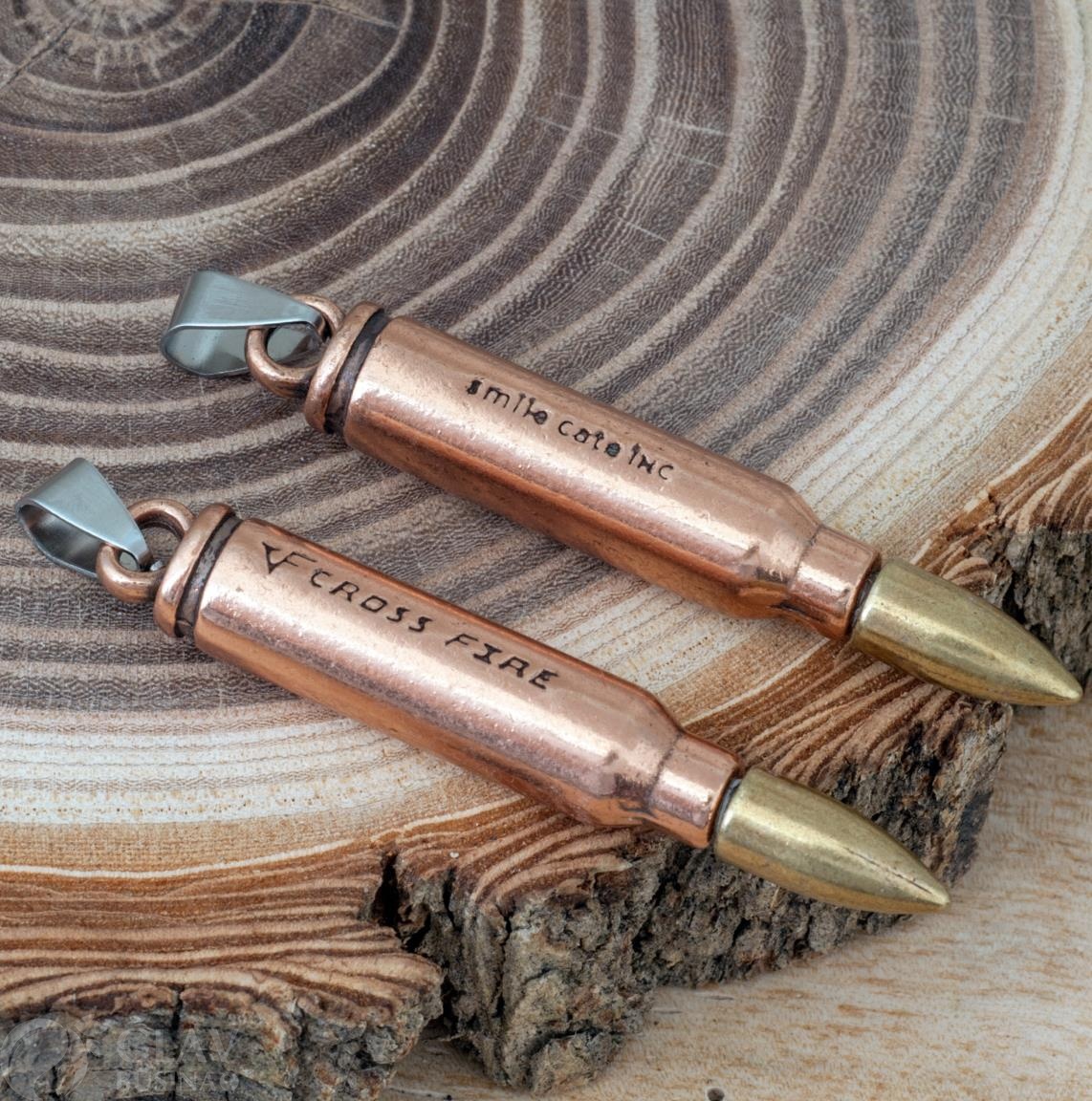 Подвеска объемная патрон от винтовки, цвет медь и бронза, р-р 53х8мм и бейл из нерж. стали 10х4,5мм, отв. 4мм.