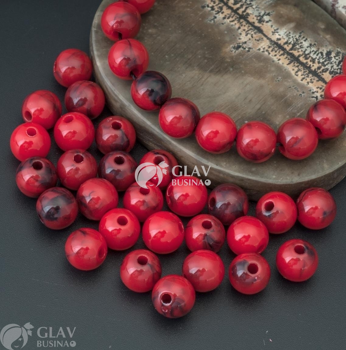 ОПТ (1500 бусин) Бусины акриловые не прозрачные шарики, окрашивание эбру, цвет красный с черным, 8мм, отв. 1,5мм.