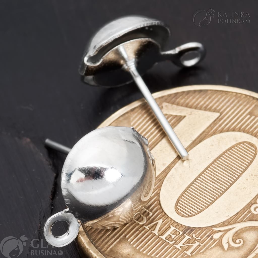 Пусеты с полушарием диам. 8.5мм и петелькой 1.3мм, гвоздик 10х0.7мм, железо, цвет платина.