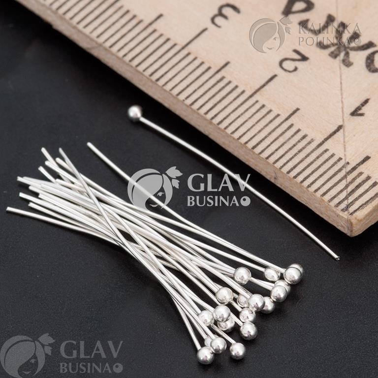 ОПТ (2500 шт) Штифты с шариком латунные, цвет серебро, р-р 30х0.5мм, шарик 1.8мм.