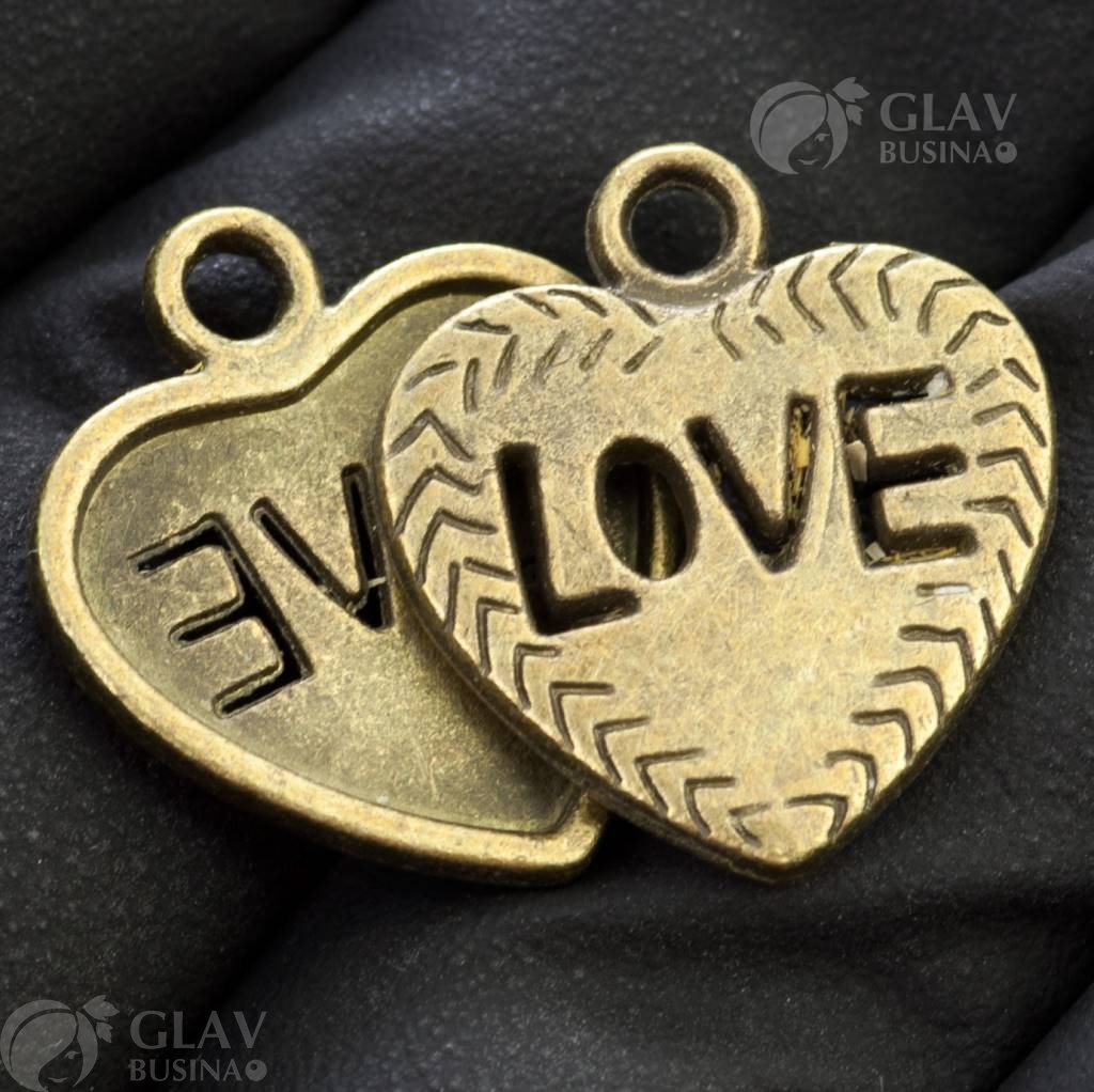 Подвеска-сердечко "Love" 21x19мм, отверстие 2.5мм, бижутерный сплав, цвет бронза - символ любви и привязанности.