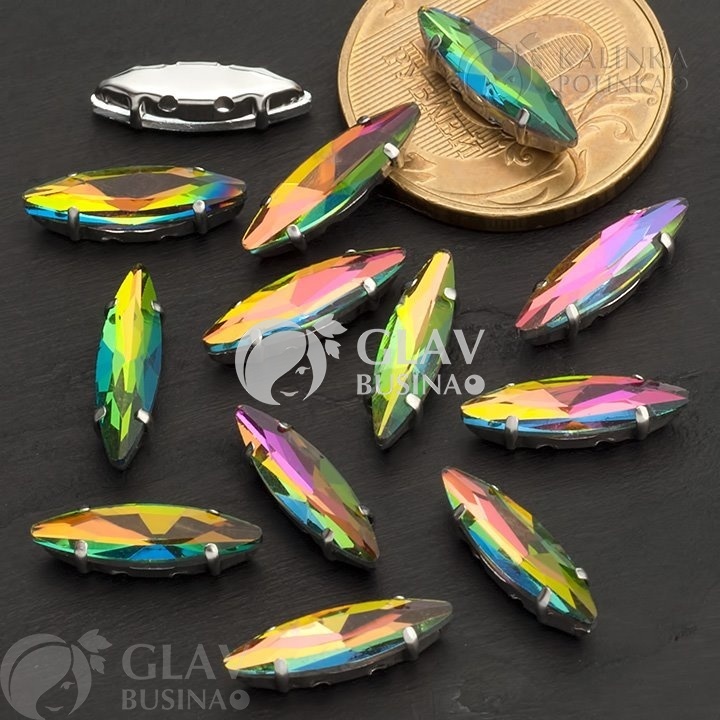 ОПТ (50 упак) 4 хрустальные стразы в латунных (не ржавеющих) цапах пришивные, форма маркиза (глаз), р-р 4х15мм., радужные.