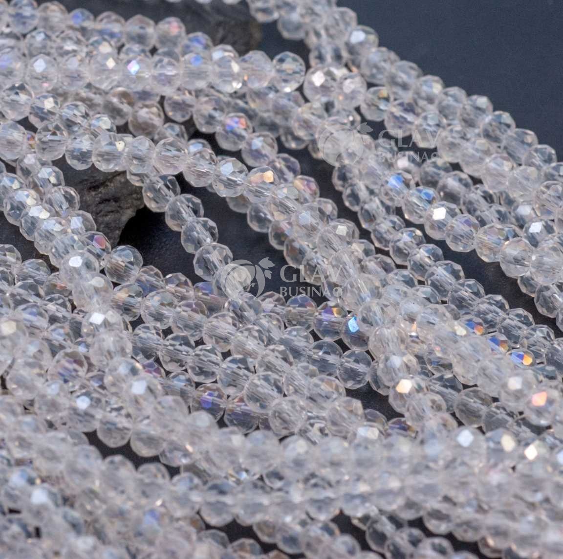 Бусины-рондели граненые стеклянные прозрачные, р-р 2.5х3 мм, нитка 35 см/140 бус., бесцветные, АВ покрытие.