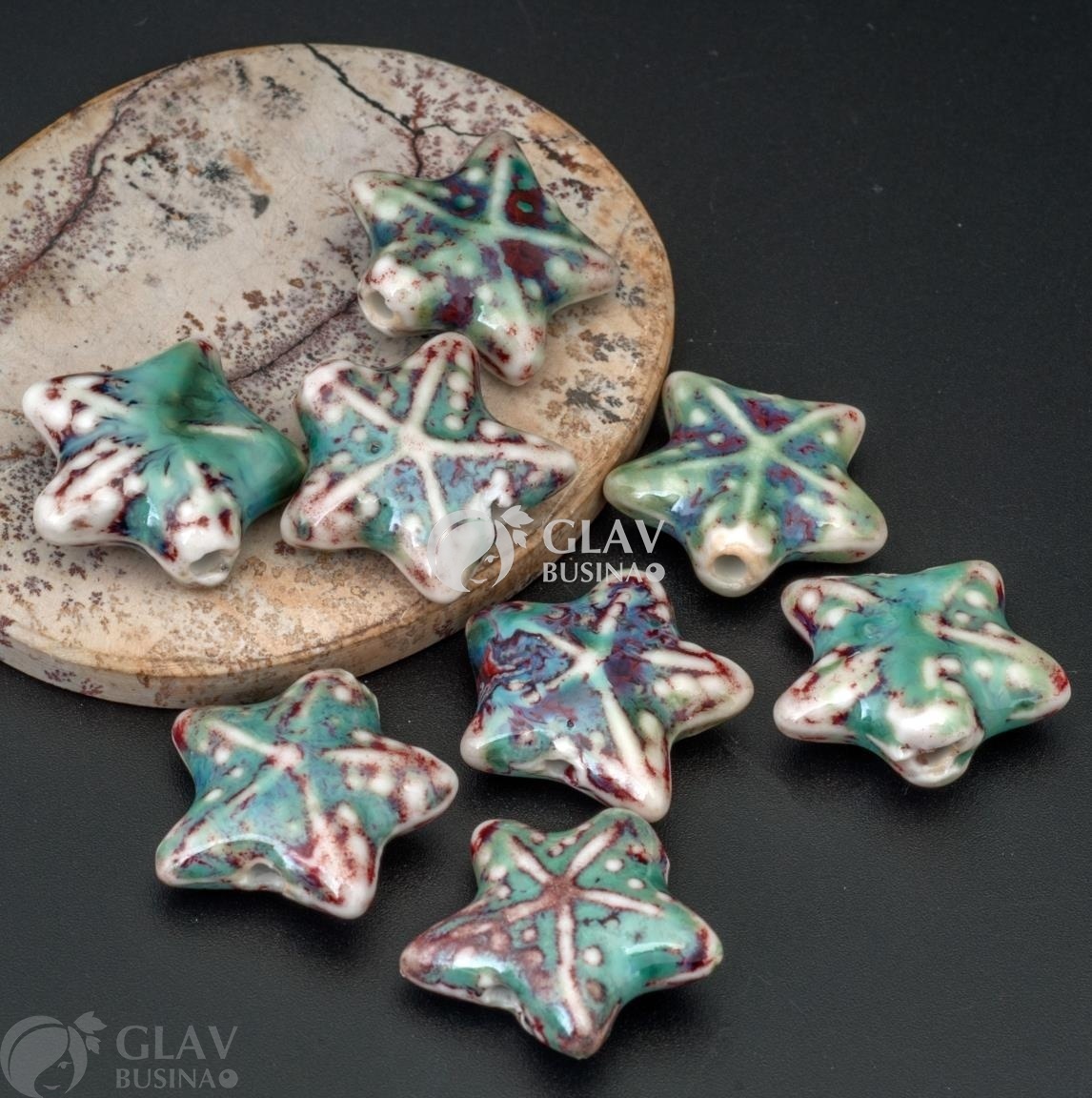 ОПТ (10 бусин) Керамическая бусина-морская звезда ручной работы, цвет прогулка на яхте (от светло до темно-бирюзового, бордовый, голубой), р-р 20х21х10мм, отв 2мм.