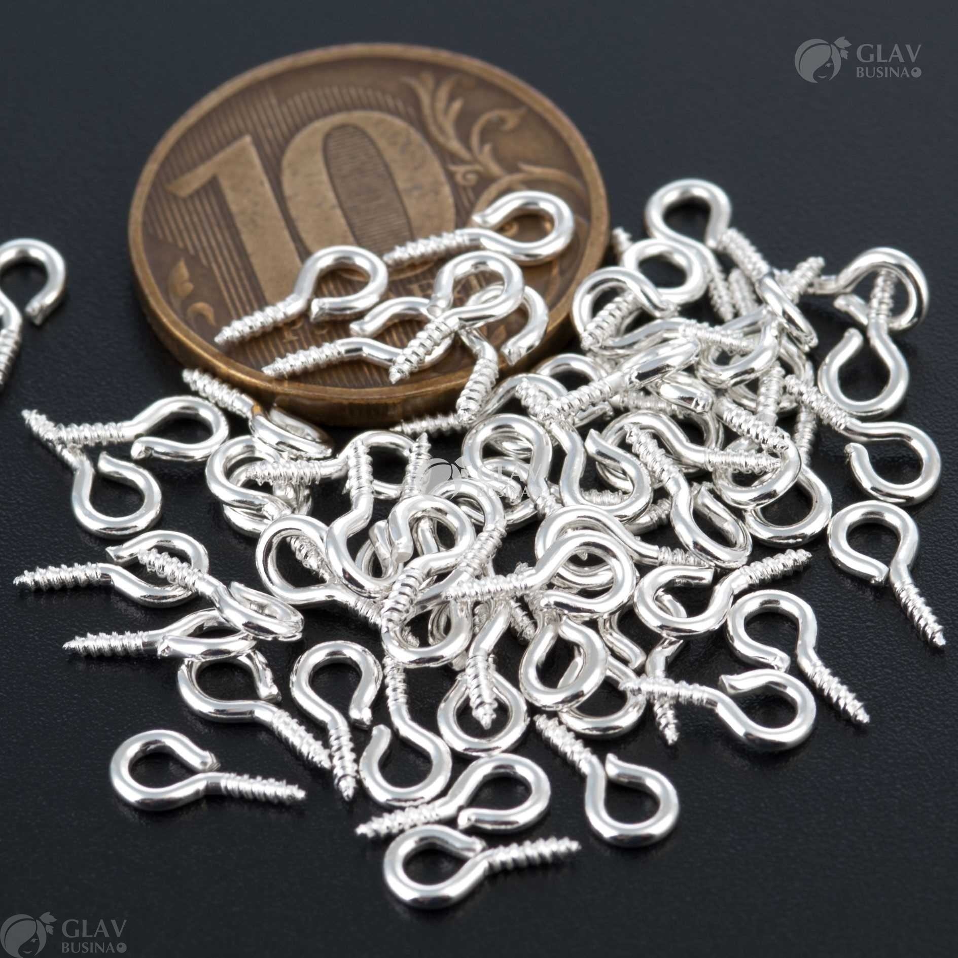 ОПТ (2500 шт) Бейлы (штифты) винтовые, железные, длина 8-9мм, толщина 1мм, отв-е 2мм, цвет серебро.