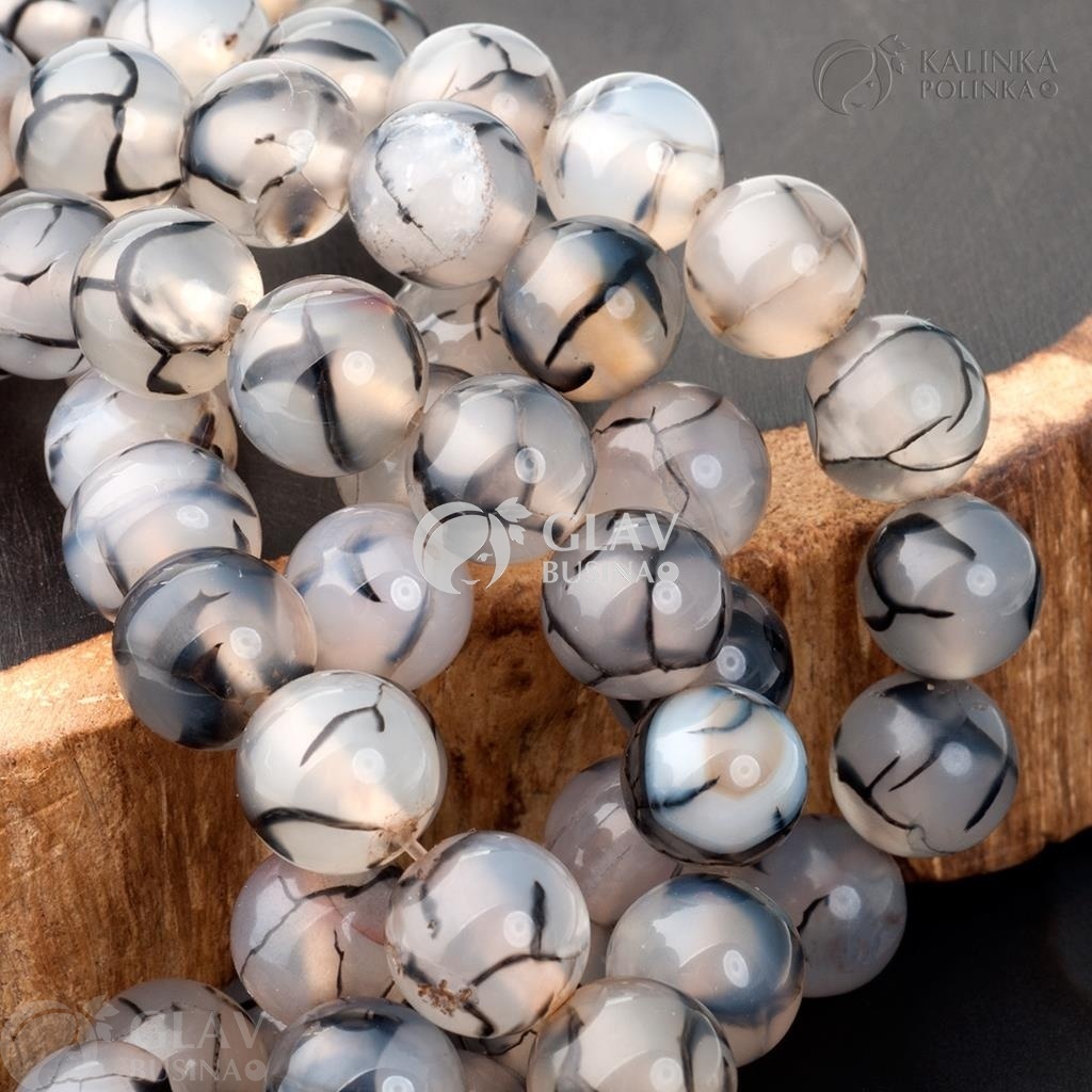 ОПТ (10 бусин) Бусины агата кракле белые прозрачные с черными прожилками, диам. 10.5мм, отв-е 1.2мм.