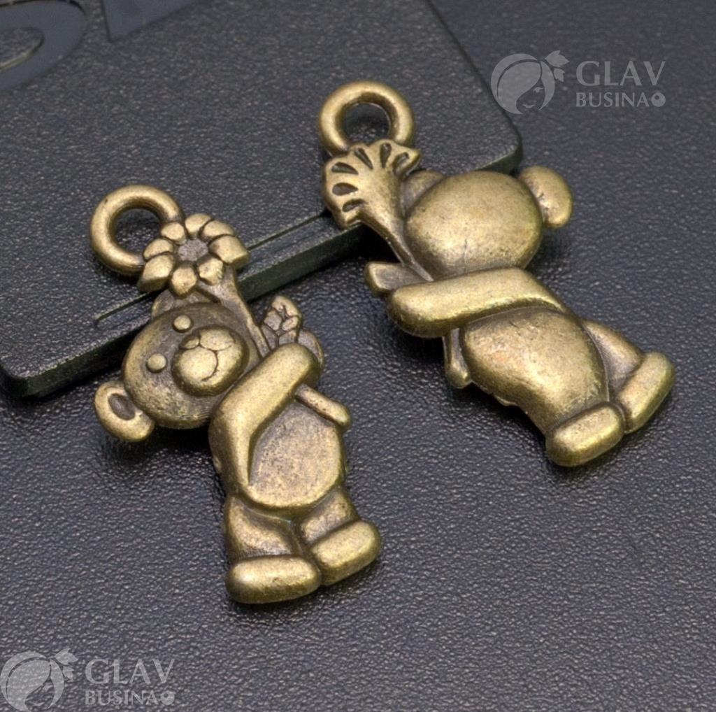 ОПТ (50 шт) Подвеска Мишка с цветком , объемная, двусторонняя, р-р 19х9х3мм, отв-е 2мм, бижутерный сплав, цвет бронза.