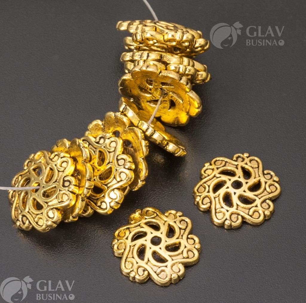 ОПТ (20 шт) Шапочки для бусин, бижутерный сплав, р-р 13х2мм, отв-е 1.5мм, цвет античное золото.