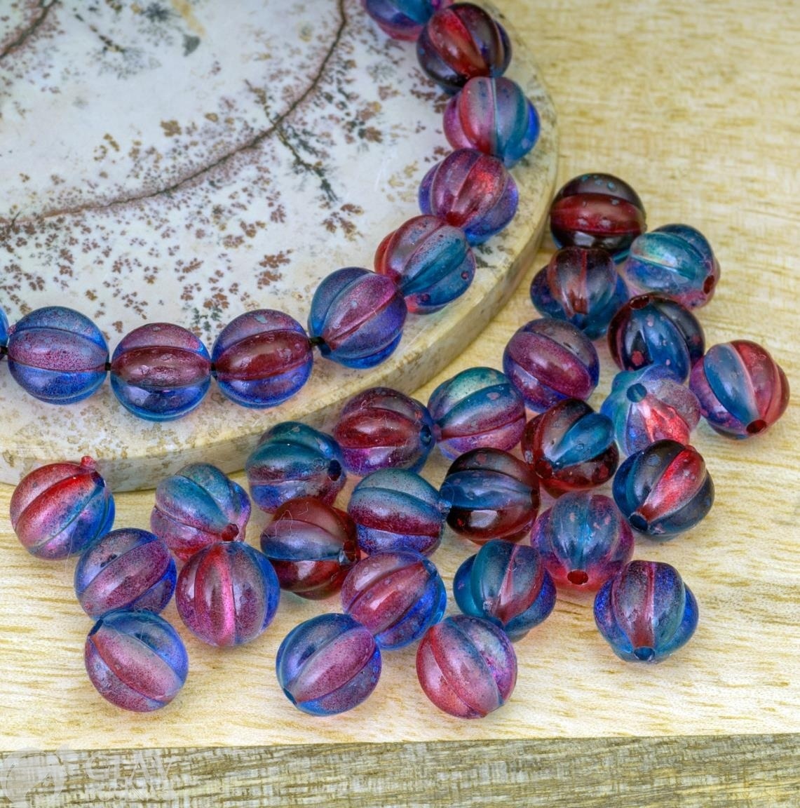 ОПТ (400 бусин) Бусины акриловые прозрачные мандаринка 7 долек, цвет розово-бирюзовый градиент, 8мм, отв. 1,5мм.