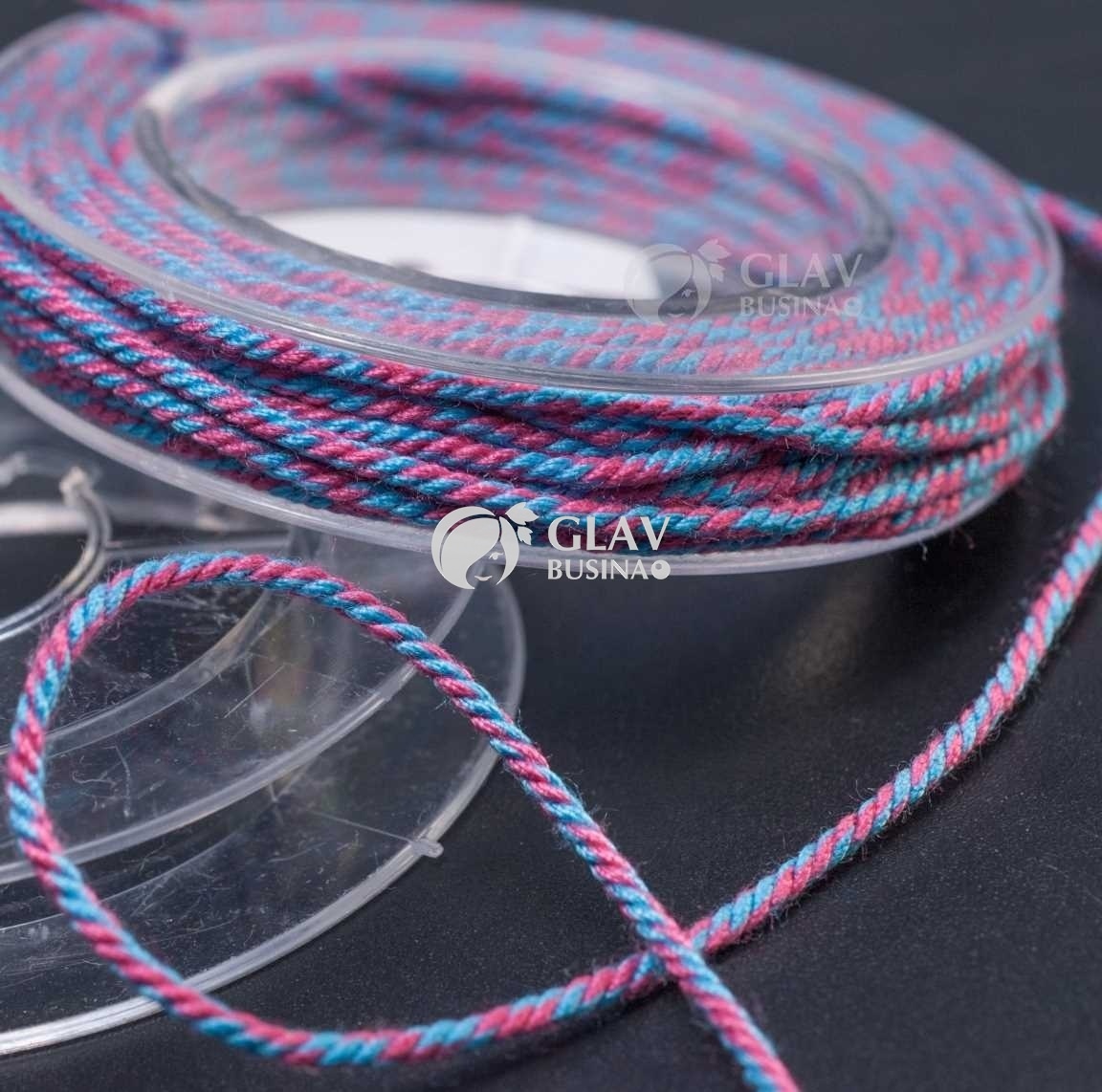 ОПТ (10 кат.) Полиэстровый шнур, текстура хлопка, 1мм, цвет бирюзовый и светлая фуксия, катушка 5м.