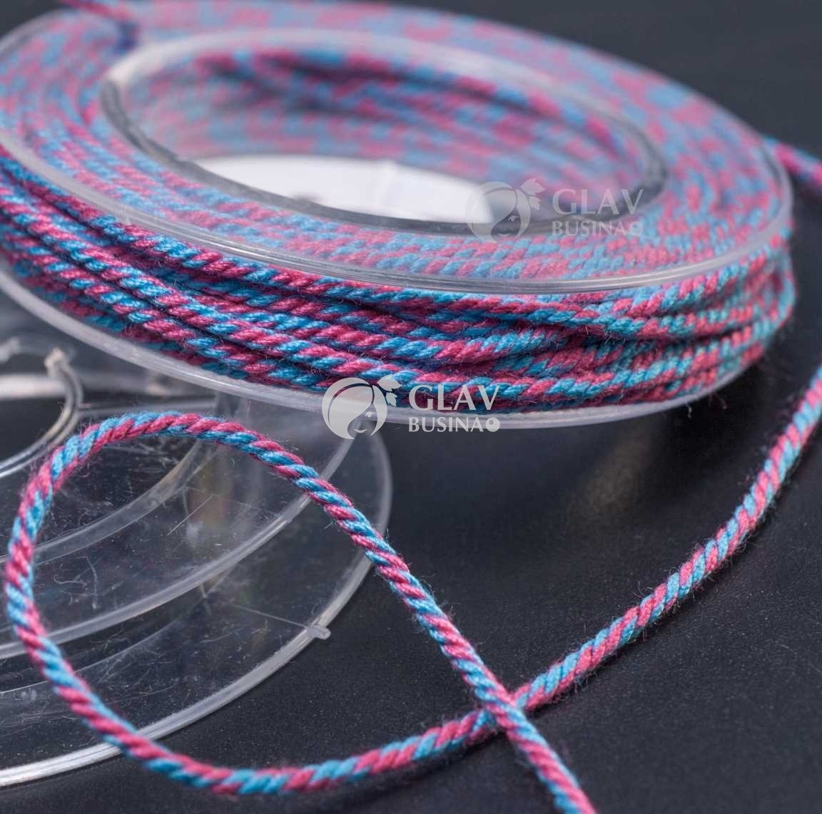 Полиэстровый шнур, текстура хлопка, 1мм, цвет бирюзовый и светлая фуксия, катушка 5м.