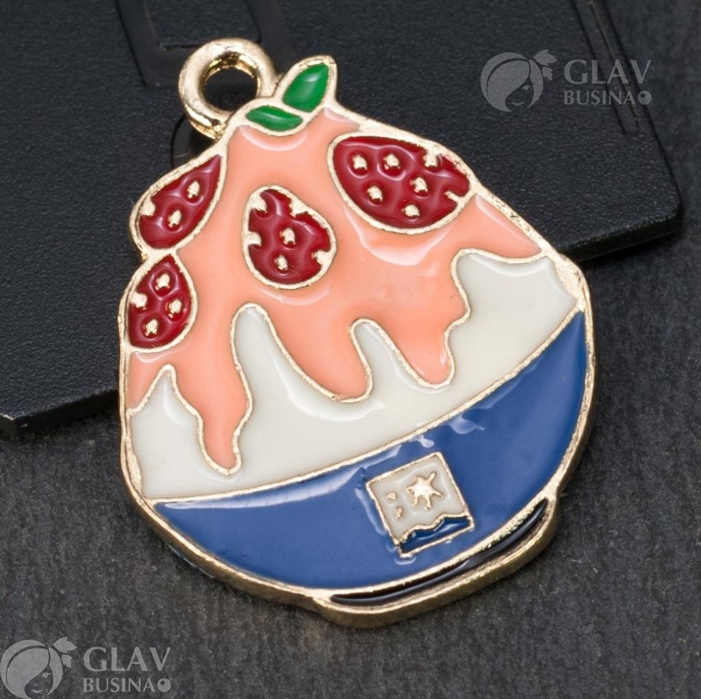 ОПТ (10 шт) Подвеска эмалевая Десерт с клубникой, р-р 26х20мм, отв-е 2мм, цвет металла золото.