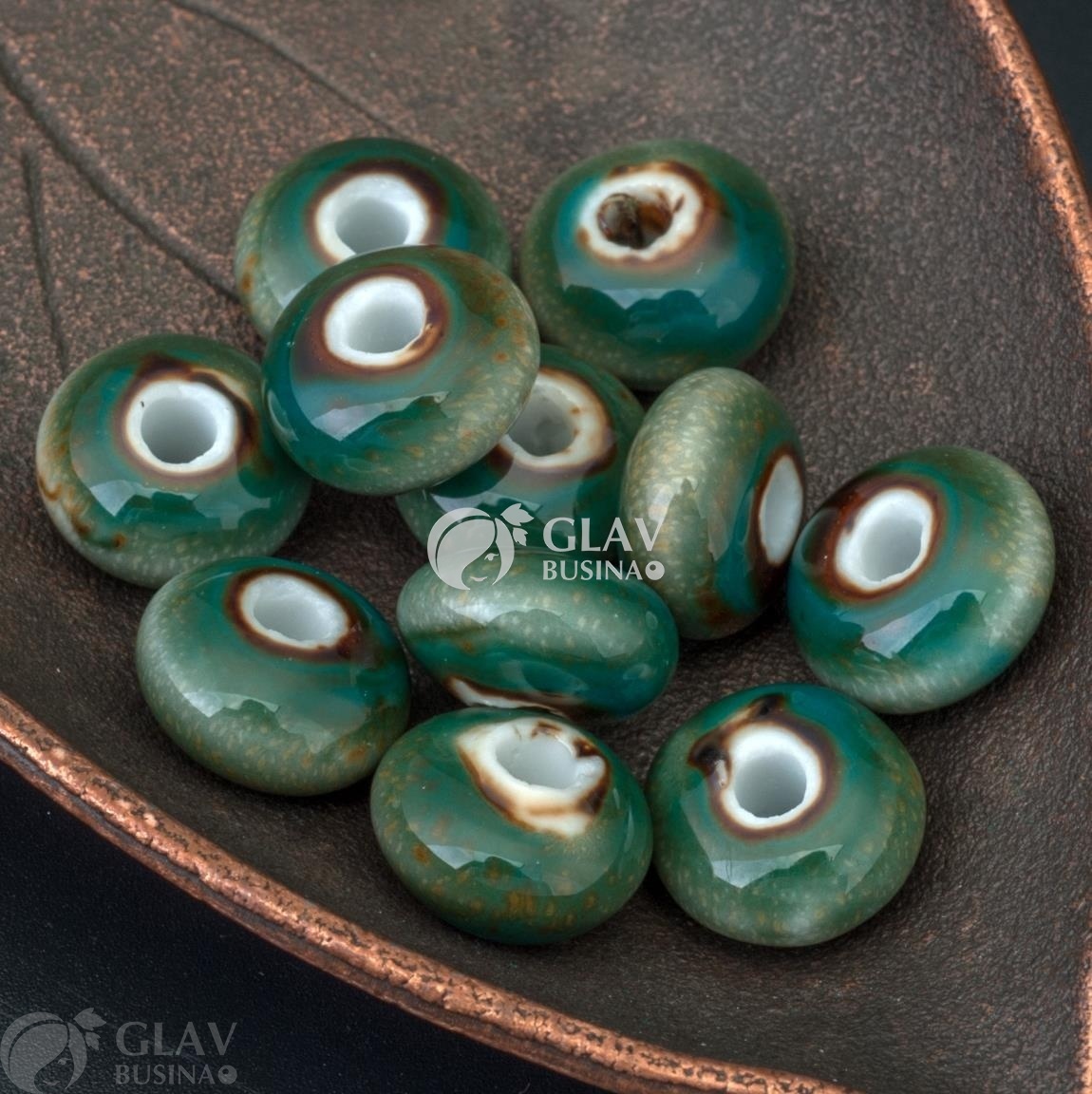 ОПТ (20 бусин) Керамическая бусина-рондель ручной работы, цвет водопад острова Маврикий (морской зеленый, светло-коричневый, кофейно-коричневый), р-р 7х12мм, отв 3мм.