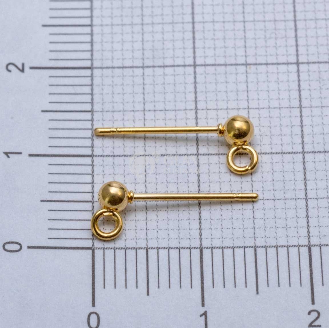 Стальные пуссеты с шариком, натуральная позолота 18K, диам. 3мм,с гвоздиком 12х0.7мм и параллельным разъемным колечком 1.5мм.