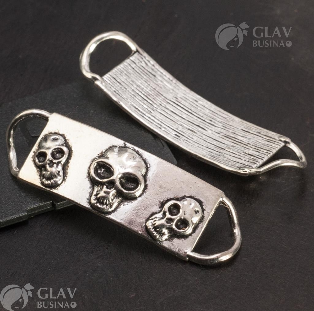 ОПТ (20 шт) Коннектор браслетный 1/1, Черепа, сплав, р-р 41х12х8мм, отв-я 8х4мм, цвет чернёное серебро.
