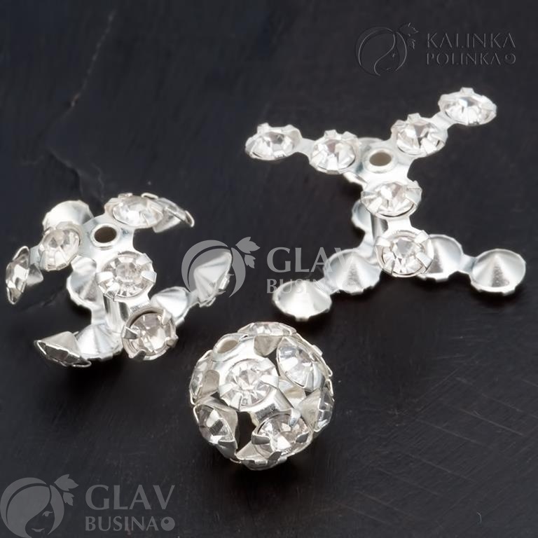 ОПТ (100 шт) Бусины с кристально чистыми хрустальными стразами, латунь, цвет серебро, диам. 10мм, отв-е 1.4мм.