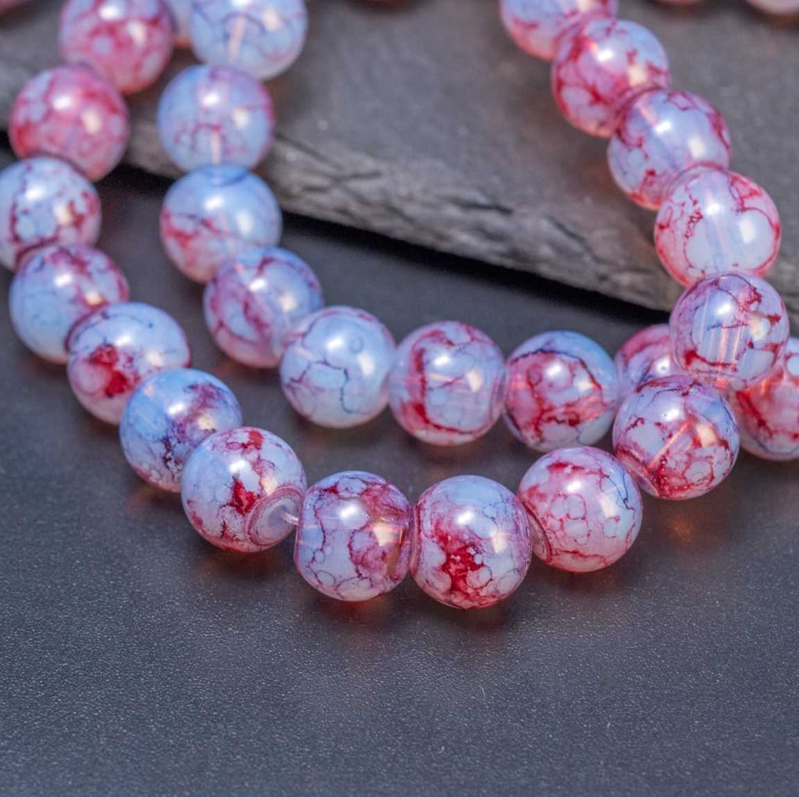 Нитка стеклянных бусин имитация агата, 39 см / 50 бусин, диам. 8 мм, отв-е 1.2мм, окрашенные, серо-рубиновые - стильное украшение для тех, кто ценит качественные аксессуары