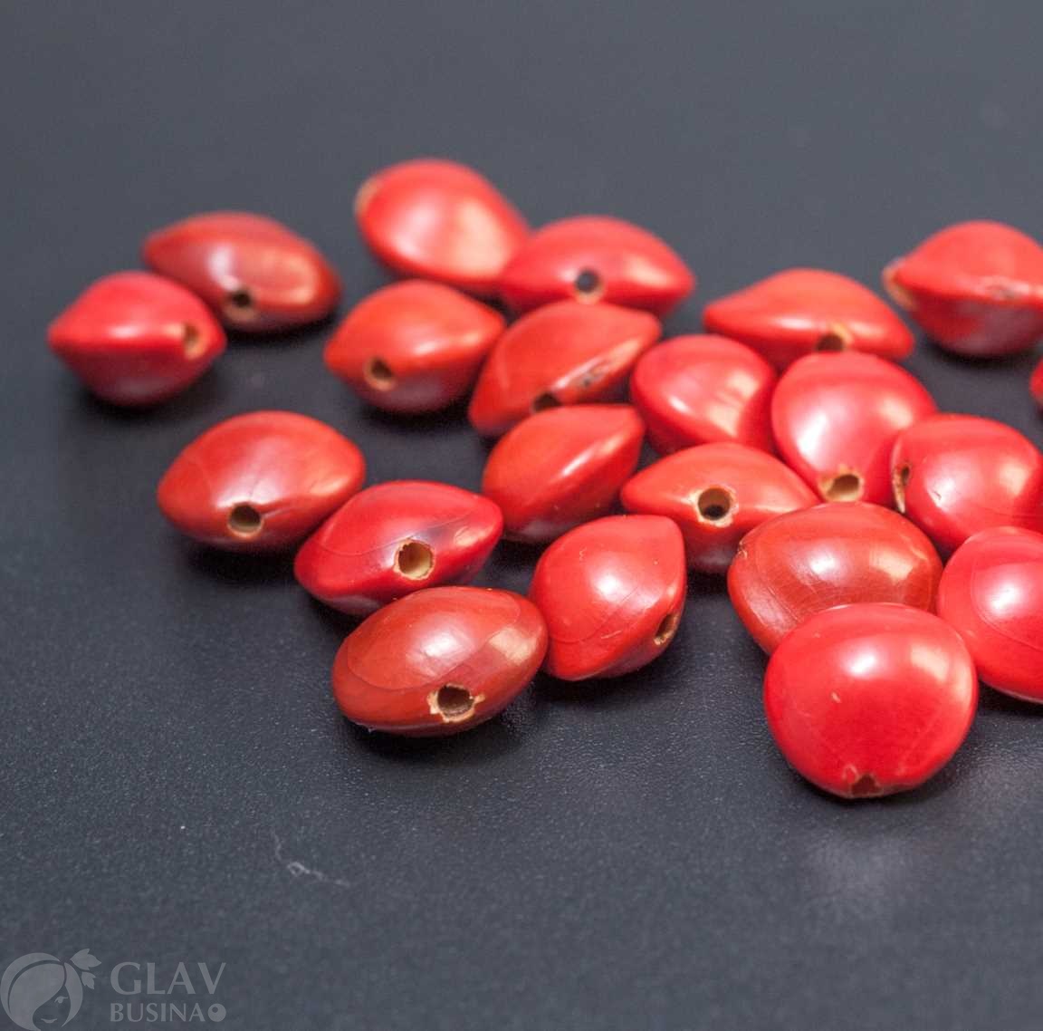 Бусины из семян акации, р-р 9х6мм, отв.1мм сверху, цвет красный, горьковатый запах.