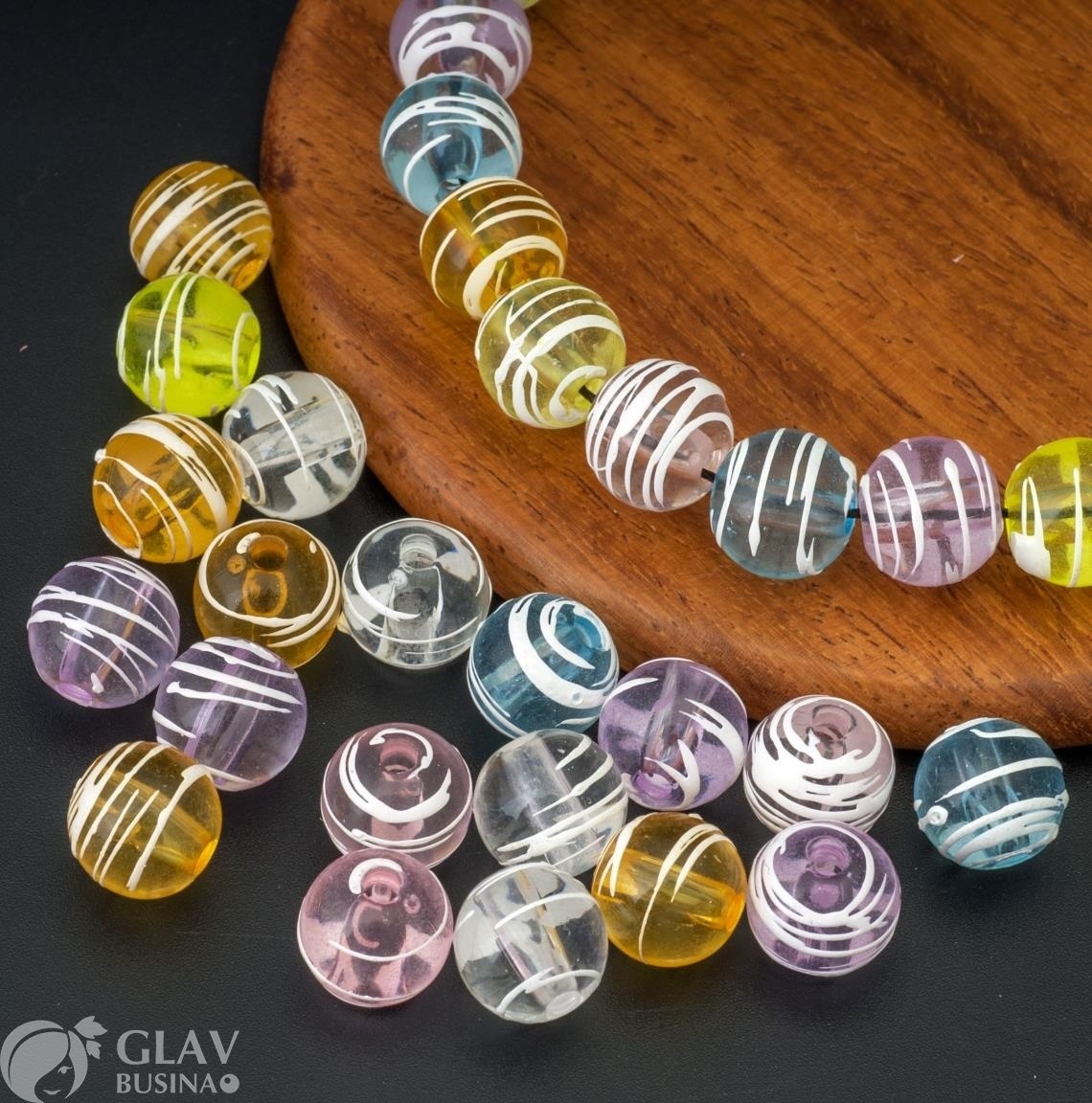 ОПТ (200 бусин) Бусины акриловые прозрачные шарики с белыми полосками, цвет карамельный микс, 11мм, отв. 2мм.