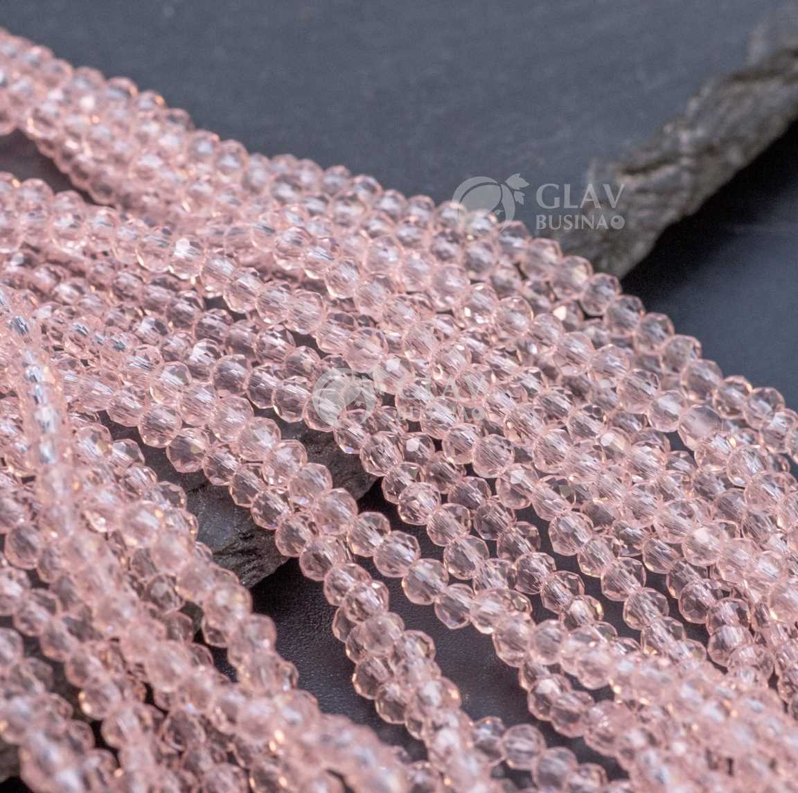 Бусины-рондели граненые стеклянные прозрачные, р-р 2х2.7 мм, нитка 30 см/ 150 бус., цвет светлый розовый.