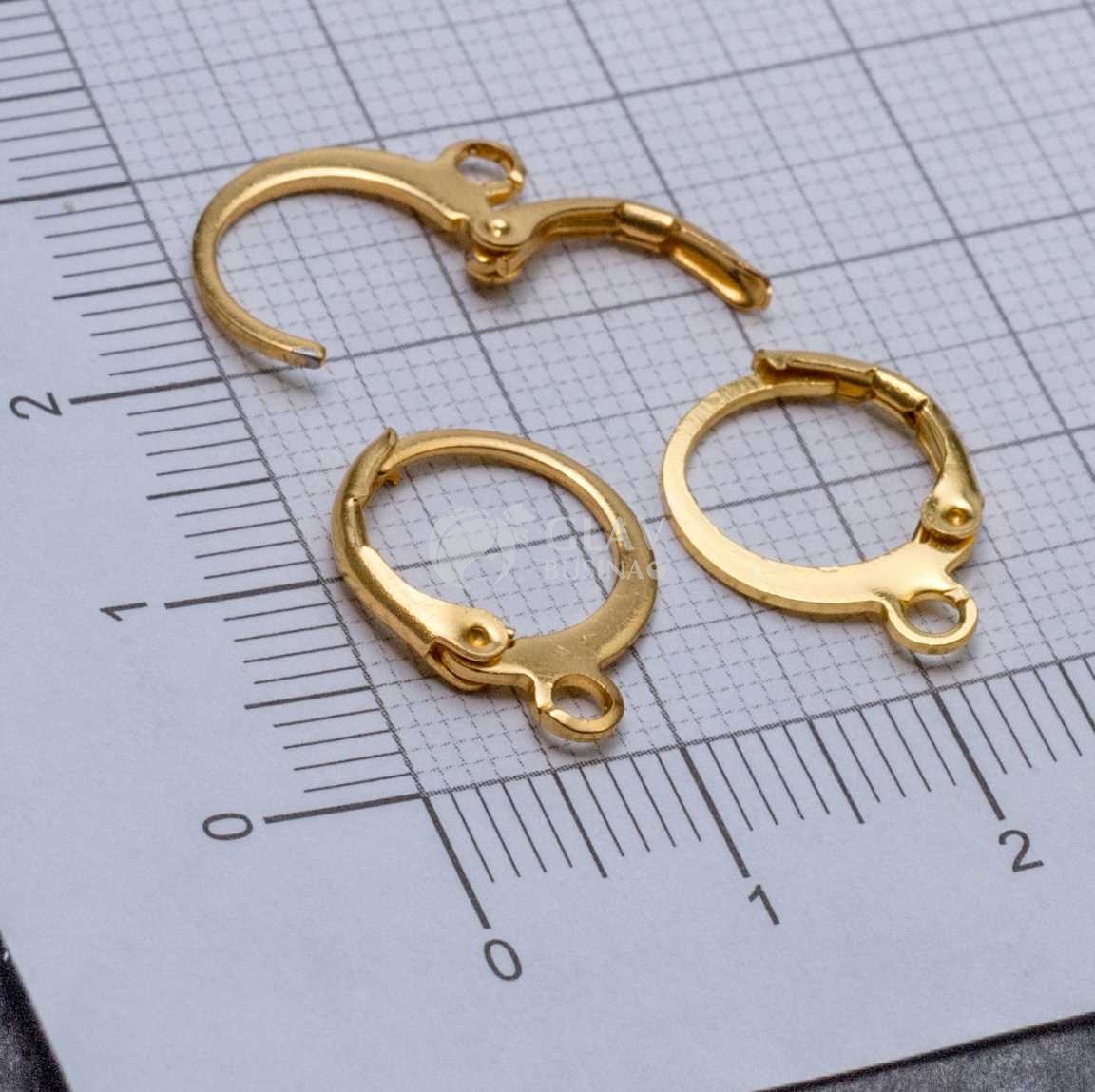 Круглые швензы стальные с пружинной застёжкой, натуральная позолота 18K, р-р 15х12х1мм, отв-е 2мм.