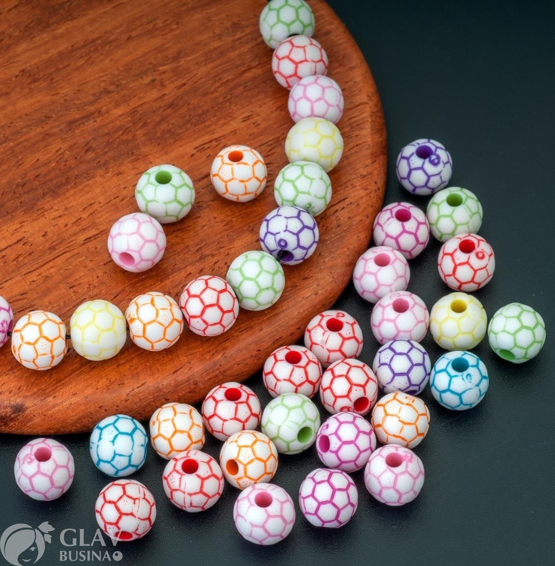 ОПТ (1000 бусин) Бусины акриловые не прозрачные футбольные мячики, цвет микс, 7х8мм, отв. 2мм.