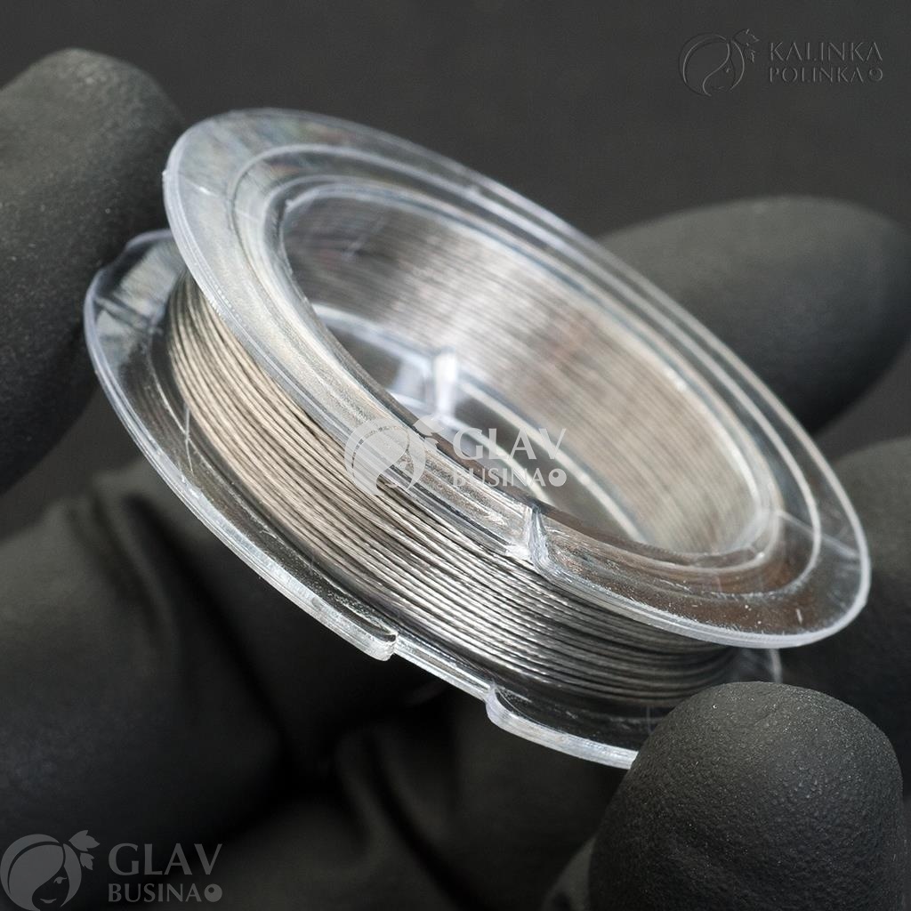 ОПТ (50 катушек) Ювелирный тросик на катушке, диам. 0.38мм, длина ок. 8м, цвет стальной.