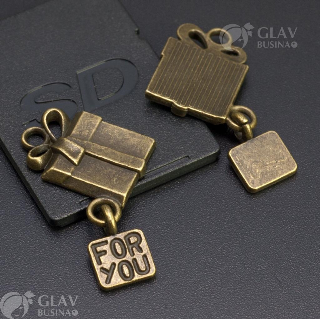 ОПТ (20 шт) Подвеска Подарок For you, р-р 26х17х3мм, отв-е 1.5мм, бижутерный сплав, цвет бронза.