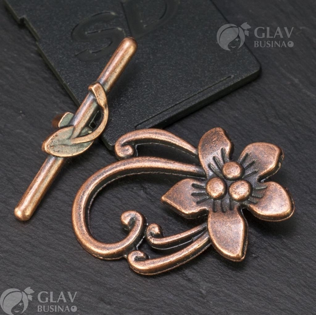ОПТ (10 шт) Замок-тоггл с цветком, бижутерный сплав, кольцо 28х20мм, палочка 5.5х30мм, отв-я 1.6мм, цвет медный.